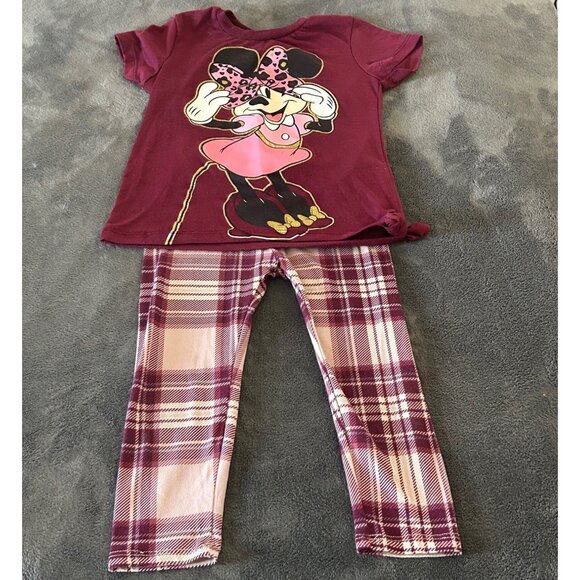 Disney Minnie Mouse Burgundy T-Shirt & Plaid Leggings Set For Girls Size 4 - Picture 2 of 9